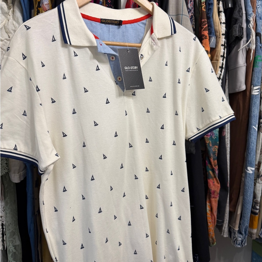 Men's Cream Polo Shirt with Navy Sailboat Print
